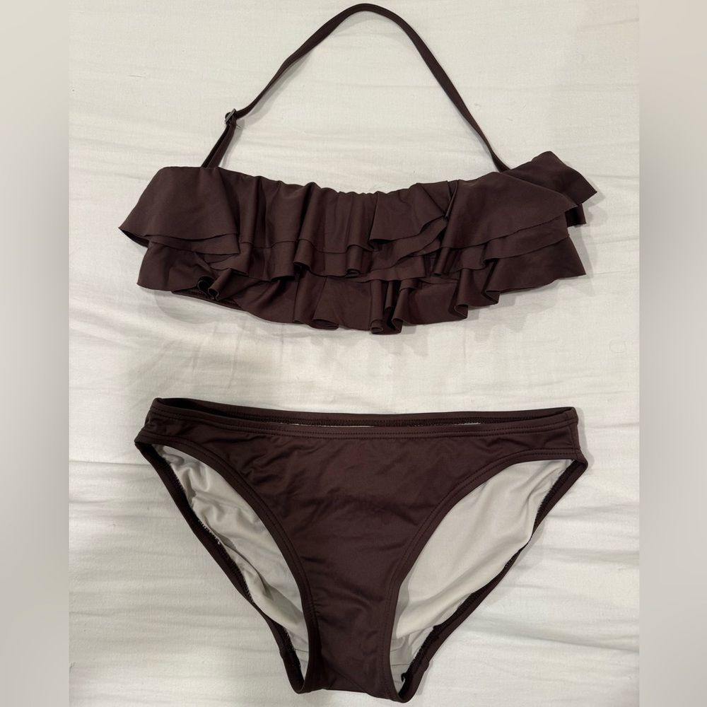 Michael Kors Ruffle swimsuit Bandeau Bikini Set in Dark Brown
